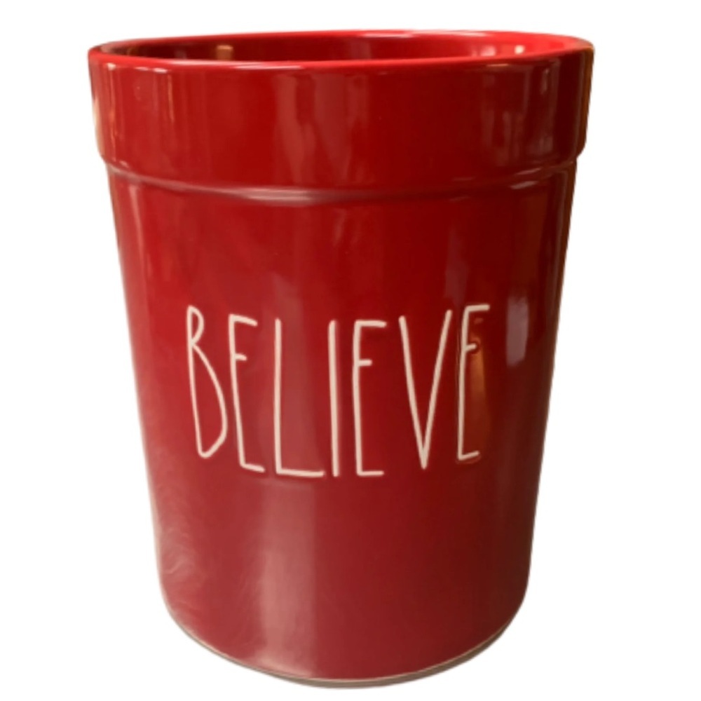 Rae Dunn Red 'Believe' Christmas Ceramic Canister Crock Kitchen Utensil Holder